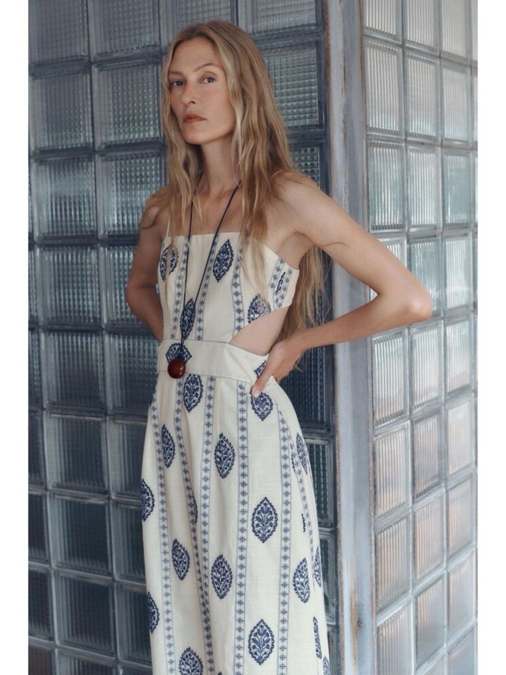 Zara Cream Midi Dress with Navy Print